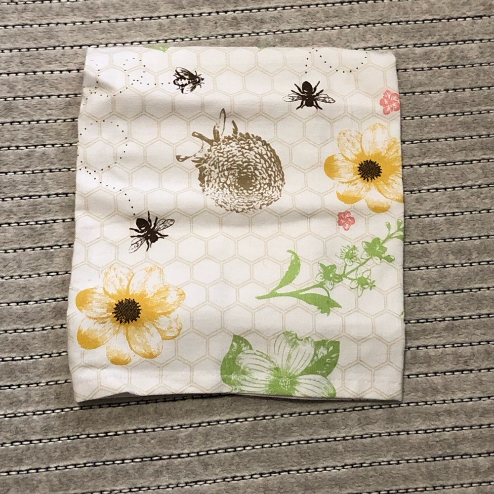 NEW - Bee & Floral Cotton Kitchen Towel - White, Yellow, Green